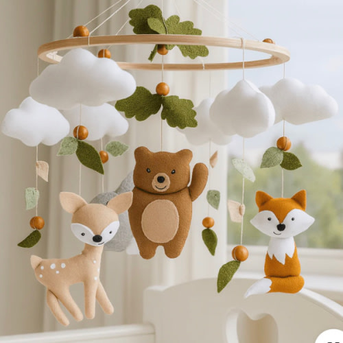 Woodland Baby Mobile Neutral | Forest Animals Baby Mobile with Bear, Deer, Fox & Bunny - Cozybabywear