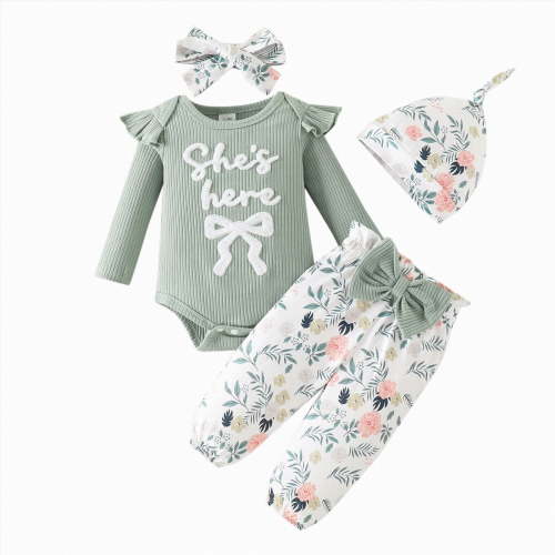 CAICJ98 Baby Girl Clothes Newborn Infant Outfits Ruffle Long Sleeve Romper+ Floral Pants + Cute Headband + Hat 4Pcs Sets for Girls, Size 3-6 Months