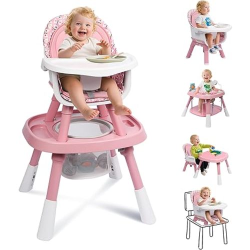 15 in 1 Convertiable High Chair for Babies and Toddlers, 2 in 1 Highchair & Activity Center w/Toys, Booster Seat, Toddler Chair w/5-Point Harness & Removable Tray & 2-Layer Cusion (Pink)