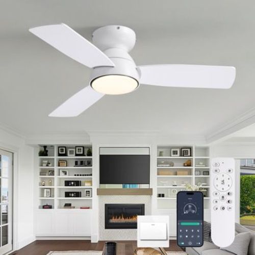 Ludomide 32 Inch Modern Dimmable LED Ceiling Fan With Light And Remote/APP Control, Smart White Low Profile Flush Mounted Fan Lights Ceiling Fixtures
