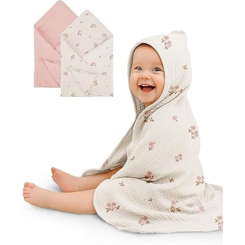 Hooded Baby Towels 2 Pack, Muslin Baby Bath Towels with Hood for Newborn Infant and Toddler, Soft Breathable & Absorbent, 30" x 30" (Vintage Blossom & Pink, Heavyweight)