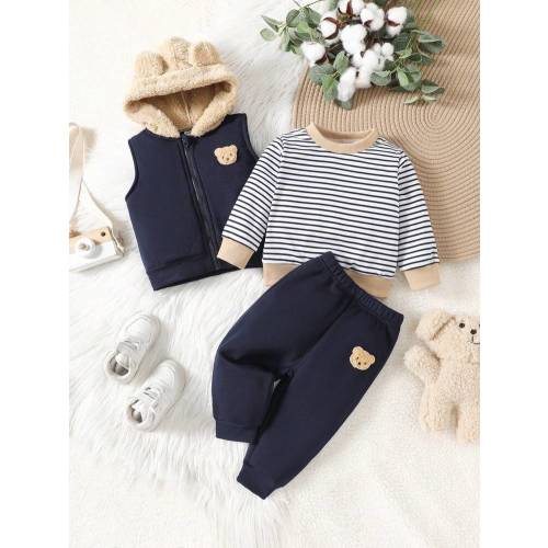 SHEIN Vintaside Kids 3pcs/Set Baby Boys Striped Crew Neck Sweatshirt, Bear Patch Zip-Up Hooded Vest Jacket, And Pants, For Fall, Spring And Winter Wear. This Set Is Suitable For Both Outdoor Play And Home Wear. This Set Provides Comfort And Warmth For Bab