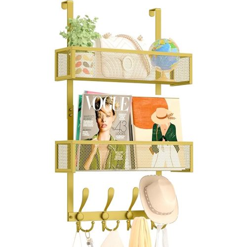 Over The Door Hooks Organizer,Coat Rack with 12 Hooks and 2 Mesh Baskets,Back of Door Storage Organizer for Bathroom,Bedroom,Kitchen,Office (Gold)