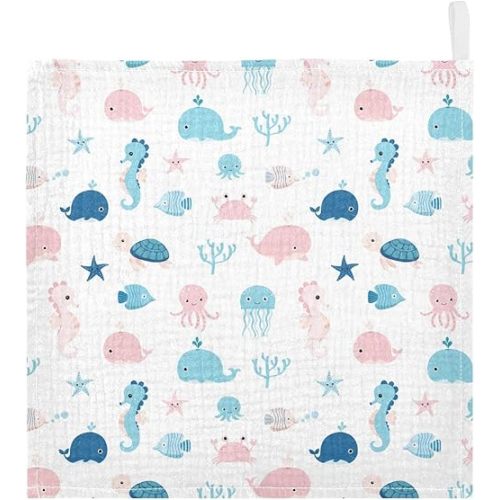vvfelixl Baby Muslin Washcloths, Cute Sea Life Burp Cloths, Cotton Face Towel for Newborn Infants Boys Girls Soft and Absorbent 11.8 X 11.8 in, 3 Pack