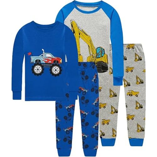 Little bety Boys 4 Piece Cotton Pajamas Long Sleeve Toddlers Pjs 24M-12Year | Soft Sleepwear Sets With Truck ，Dinosaur，Space， UFO ，Shark Prints For Kids