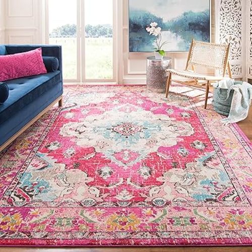 SAFAVIEH Monaco Collection Area Rug - 9' x 12', Pink & Multi, Boho Chic Medallion Distressed Design, Non-Shedding & Easy Care, Ideal for High Traffic Areas in Living Room, Bedroom (MNC243D)
