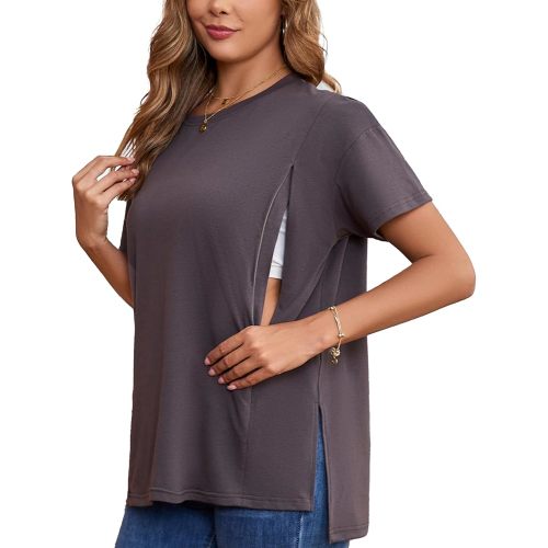 Ecavus Women's Oversized Nursing Shirts for Breastfeeding with Hidden Zipper Short Sleeves Side Splits Maternity Tops Deep Gray