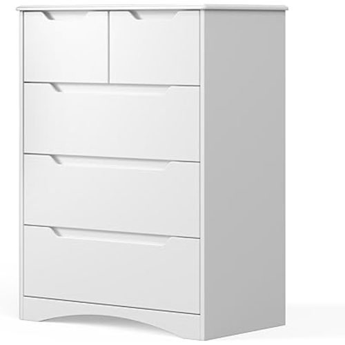 Gizoon 5 Drawers Chest, White Dresser for Bedroom with Large Storage Capacity, Chest of Drawers with Embedded Handle, Anti-Tripping Device for Hallway, Office, Living Room