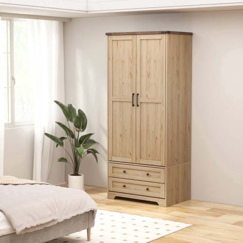 Brafabhome 71"H Armoire Wardrobe Closet with 2 Drawers, Farmhouse 2 Doors Armoire Cabinet with Hanging Rod, Modern Freestanding Wardrobe Clothes Cabinet for Bedroom | Nature