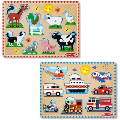 Melissa & Doug Wooden Light-Activated Sound Puzzle 2-Pack for Toddler and Preschool Boys and Girls – Farm Animals, Vehicles