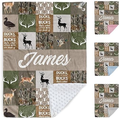 Personalized Baby Blanket for Boys, Custom Baby Blankets with Name, Soft Flannel Double Layer Receiving Swaddle Blanket, Woodland Deer Monogram Birthday Gifts for Toddlers Infants (30"x40")