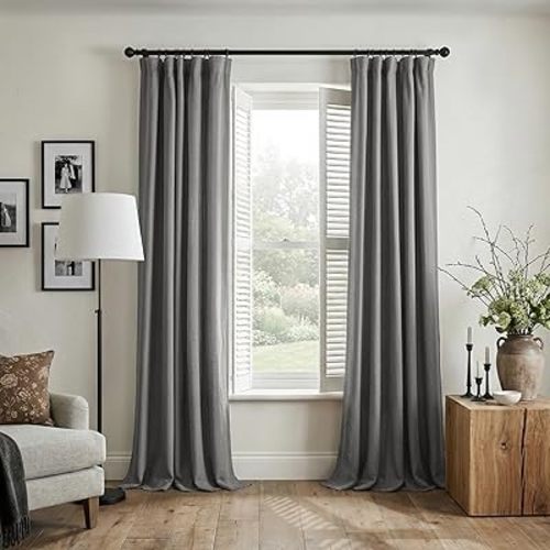 INOVADAY 100% Blackout Curtains for Bedroom, Black Out Curtains 84 Inch Long, Clip Rings Linen Blackout Drapes, Thermal Insulated Room Darkening for Living Room, 2 Panels - DarkgreyW50xL84