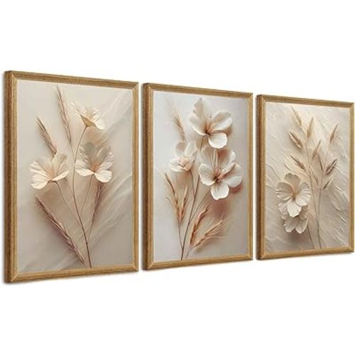 FYLDPSB 3Pcs Framed Neutral Beige Floral Canvas Wall art, Modern Simple Texture Plant Painting Wall Decor, Vintage Flower Poster Prints for Living Room Bedroom Farmhouse Ready to Hang 16''L x 12''W