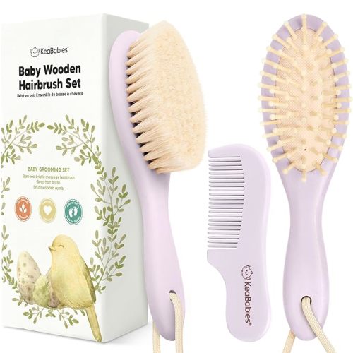Baby Hair Brush and Comb Set for Newborn - Wooden Baby Hair Brush Set with Soft Goat Bristle, Baby Brush Set for Newborns, Baby Brush and Comb Set Girl, Boy, Toddler Cradle Cap Brush (Oval, Thistle)