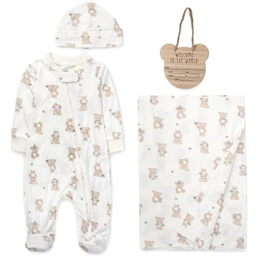 Newborn Baby 4 Piece Coming Home Outfit Gift Set – Footie Sleeper, Blanket, Headband & Ornament for Boys & Girls
