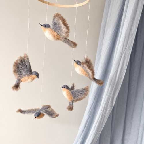 Needle Felted bird Mobile, Handmade Wool Bird Nursery Decor, Baby Room Hanging Decor, Bird Lover Gift, Nature Nursery Mobile