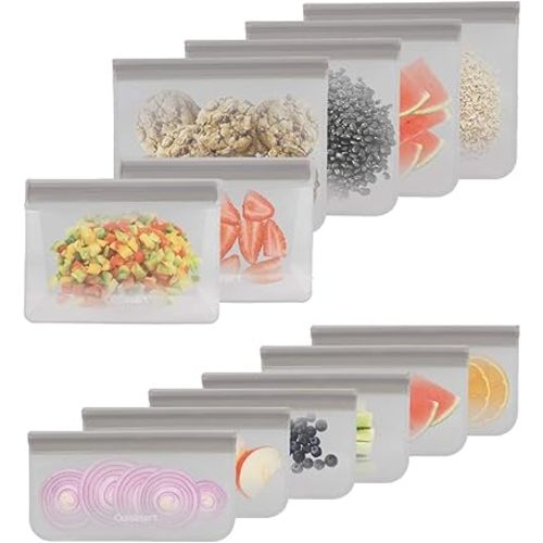 Cuisinart Reusable Food Storage Bags, 12 Pack Gray - Resealable Bags for Food, Leftovers, & Snacks to Store, Freeze or Refrigerate - BPA Free Flat Freezer Bags - Includes Small, Medium & Large