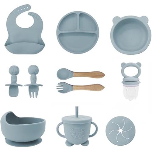Chatterbox Eats Silicone Baby Feeding Set – Pandaloo Collection, 11-Piece Baby-Led Weaning Set – Self-Feeding Kit for Babies & Toddlers – BPA-Free, Dishwasher Safe Feeding Essentials (Coastal Blue)