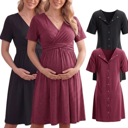 Cutecrop 2 Pack Labor and Delivery Gown for Hospital Maternity Nursing Dress Nightgown Button Back Birth Recovery Sleepwear