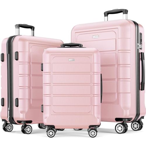 SHOWKOO Luggage Sets Expandable PC+ABS Durable Suitcase Sets Double Wheels TSA Lock Pink 3pcs