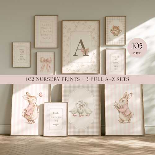 100+ Pink Nursery Wall Art Bundle – Vintage Cottagecore Baby Girl Room Decor – A-Z Printable Digital Prints