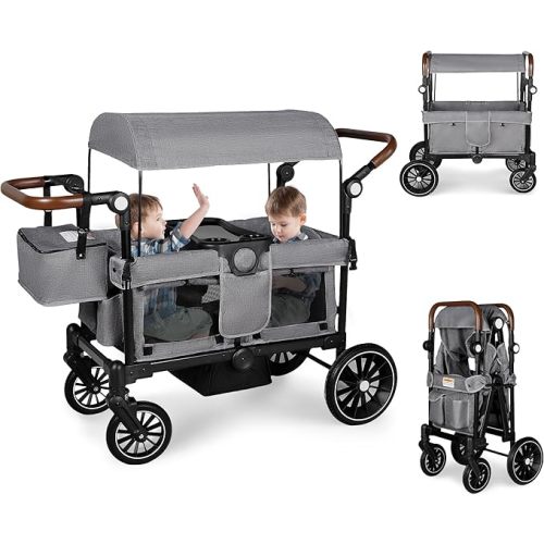 Stroller Wagon for 2 Kids, Foldable Kids Wagon w/Adjustable Push Pull Handle, Shock-Absorbing Wheels, Removable Canopy, Extra Diaper Bag & Harness, Detachable Tray, Grey