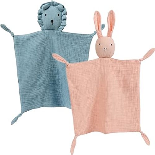 insular Lovey Blanket for Boys and Girls, Cotton Muslin Security Blanket for Babies, Bunny Lion Lovie Soothing Towel for Newborn and Infant, 2 Pcs Set (Pink&Blue)