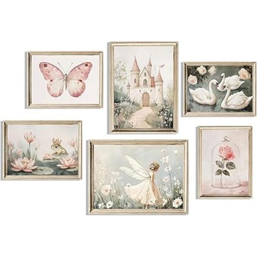 6Pc Coquette Wall Art Pastel Pink Trendy Posters Wall Decor White Swan Butterfly Frog Painting Pictures Castle Elf Aesthetic Floral Canvas Prints for Nursery Teen Girls Bedroom College Dorm Unframed