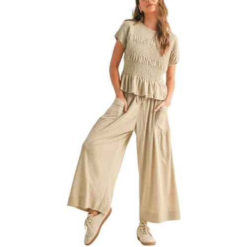 Womens 2 Piece Smocked Top Wide-Leg Pants Set High-Waisted Lounge Outfit with Pockets Casual Boho Matching Set