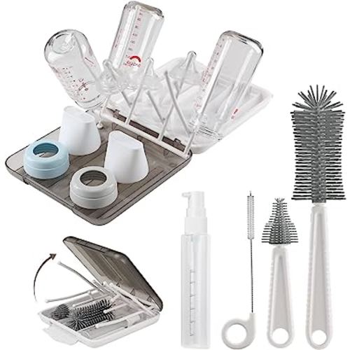 Baby Bottle Brush,6 in 1 Bottle Cleaner Set with Extendable Silicone Bottle Brush,Drying Rack,Nipple & Straw Brushes,Soap Dispenser & Organizer Case,Ideal Gifts for Babies& Moms
