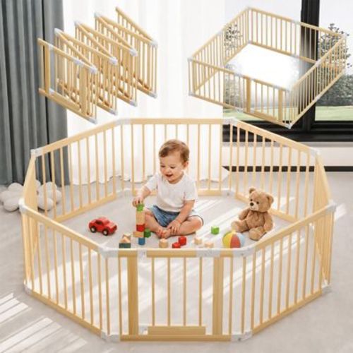 Foldable Wooden Baby Playpen, Adjustable Multi-Shape Baby Play Yard with Child-Proof Lock, Portable Wood Fence - Easy Assembly, 59 x 59 x 23.6 inches