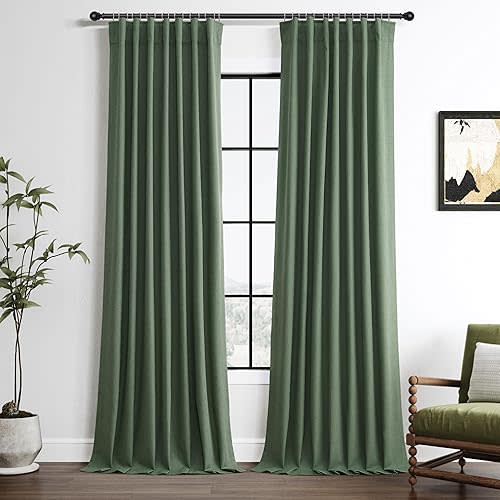Hokibero Olive Green Blackout Curtains for Bedroom 96 Inches Long 2 Panels for Sliding Glass Door Neutral Faux Linen Black Out Curtains for Living Room Darkening Nursery Window Drapes Loden 8ft 52x96