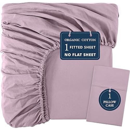 LANE LINEN 100% Organic Cotton Twin Fitted Sheets, 2-Piece Set (1 Fitted Sheet, 1 Pillowcase), Percale Weave, Lightweight, Soft, Breathable, Fits Mattress Upto 15' Deep - Lilac (No Flat Sheet)