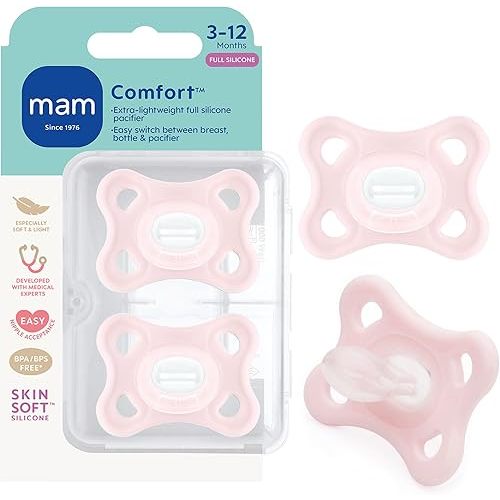 MAM Comfort Baby Pacifiers 3-12 Months Babies, Lightweight One-Piece Full Silicone Binky, BPA-Free Nipple, Easy to Clean Pacifier, Best for Breastfed Babies, 2 Count, Sterilizer Case, Made in Europe
