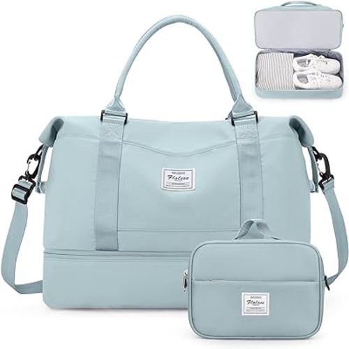 Weekender Bags for Women,Overnight Travel Duffel Bag with Shoes Compartment& Toiletry Bag,Extra Large(Light Blue)