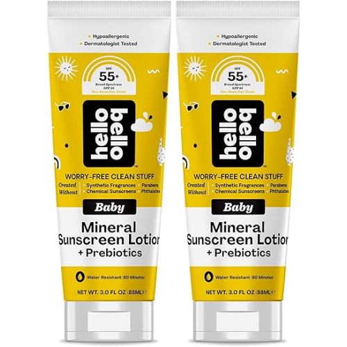 Hello Bello Mineral SPF 55+ Sunscreen Lotion with Prebiotics I Water Resistant and Reef Friendly Sun Protection for Babies and Kids I 3 fl oz (Pack of 2)