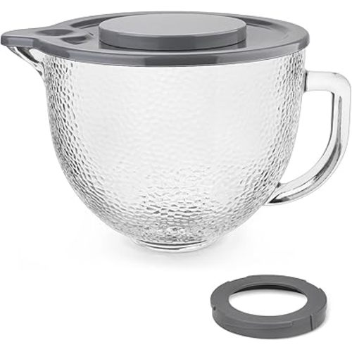 Hammered Glass Mixing Bowl 5 QT, Mixing Bowl for KitchenAid 4.5 and 5 Quart Tilt-Head Stand Mixers, Stand Mixer 5 Quart Fits Artisan KSM150, RRK150, KSM100, K45SS, KSM90, KSM95, K45, KSM110, 5KSM125