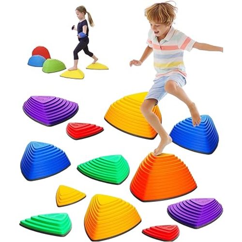 Giggle & Play Stepping Stones For Kids, Set Of 12, Montessori Indoor and Outdoor Balance Stepping Stones, Promotes Coordination, Balanced Strength Child Safe Rubber, Sports, Vibrant Colors, Non-Slip Edges