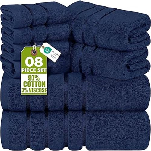 Utopia Towels 8 Piece Luxury Towel Set, 2 Bath, 2 Hand, and 4 Wash Cloths, 600 GSM Ring Spun Cotton, Highly Absorbent Viscose Stripe Towels, Ideal for Everyday use, Navy