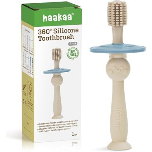 haakaa 360° Baby Toothbrush with Suction Base - Beige + Sky Blue