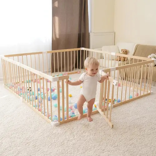 GGF Wooden Baby Playpen -63 * 47 * 24 in, Large Wood Gate Playpen for Babies and Toddlers, Baby Fence Play Yard with Door for Kids Activity Center