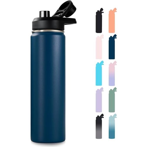 Fijinhom 24 oz Insulated Water Bottle with Handle, 304 Stainless Steel Water Bottles with Wide Mouth, Double Wall Vacuum Sports Water Bottle, BPA Free, Keep Cold and Hot, Navy Blue