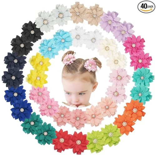 DeD 40PCS 2.3" Chiffon Flower Hair Bows Clips with Rhinestone Flower Tiny Hair Clips Fine Hair for Girls Infants Toddlers Set of 20 Pairs