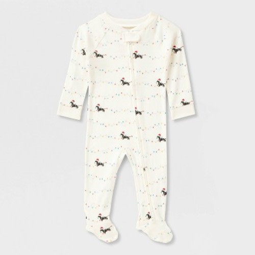 Baby Holiday Dachshund Matching Family Cotton Footed Pajamas - Wondershop™ Cream 3-6M