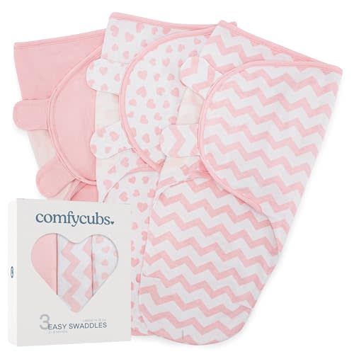 Comfy Cubs Easy Swaddle Blanket, 3 Pack - 100% Cotton Newborn Wrap, Large for 3-6 Months Infants, with Adjustable Velcro, Breathable and Durable Sleep Sack for Babies - Pink