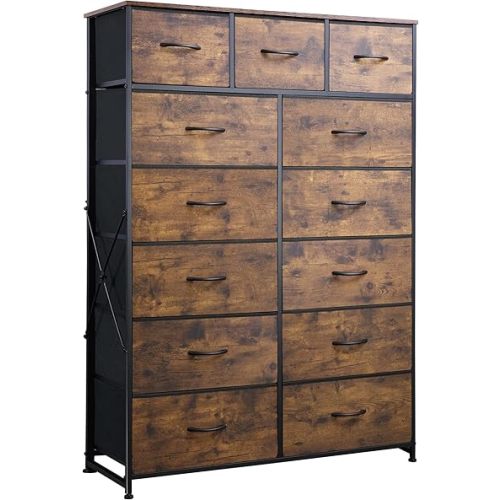 WLIVE Storage Organizer Unit with 13 Fabric Bins, Storage Drawers Organizer with Steel Frame, Tall Storage Tower Organizaton for Living Room, Hallway, Office, Rustic Brown Wood Grain Print