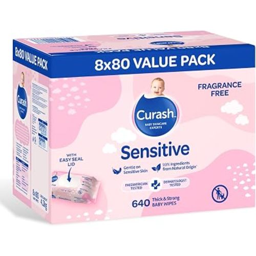 Curash Sensitive Fragrance Free Baby Wet Wipes, pH Balanced, 8 x 80 Pack
