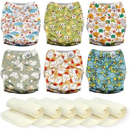 Mama Koala 6 Pack Reusable Cloth Diapers 3.0 for Babies Girls Newborn, One-Size Adjustable Baby Diaper, Durable Stitching, Back Opening for Inserts, Breathable Awj Lining, Leak Prevention-Happy Farm