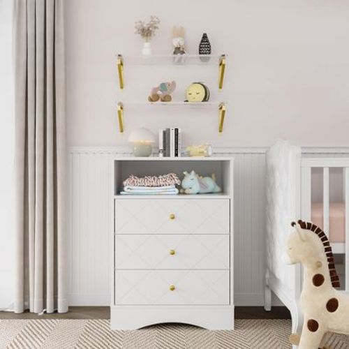 Heynemo Dresser with Drawers & Floating Shelves, 3 Drawer Dresser with Open Storage & Painted Finish, for Bedroom, Closet, Hallway
