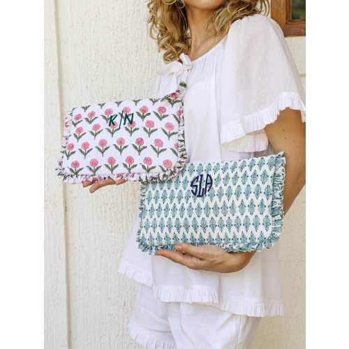 Personalized Ruffled Makeup Bag | Block Print Cosmetic Pouch | Bridesmaid Gift | Travel Toiletry Bag | Zipper Clutch Custom Embroidered